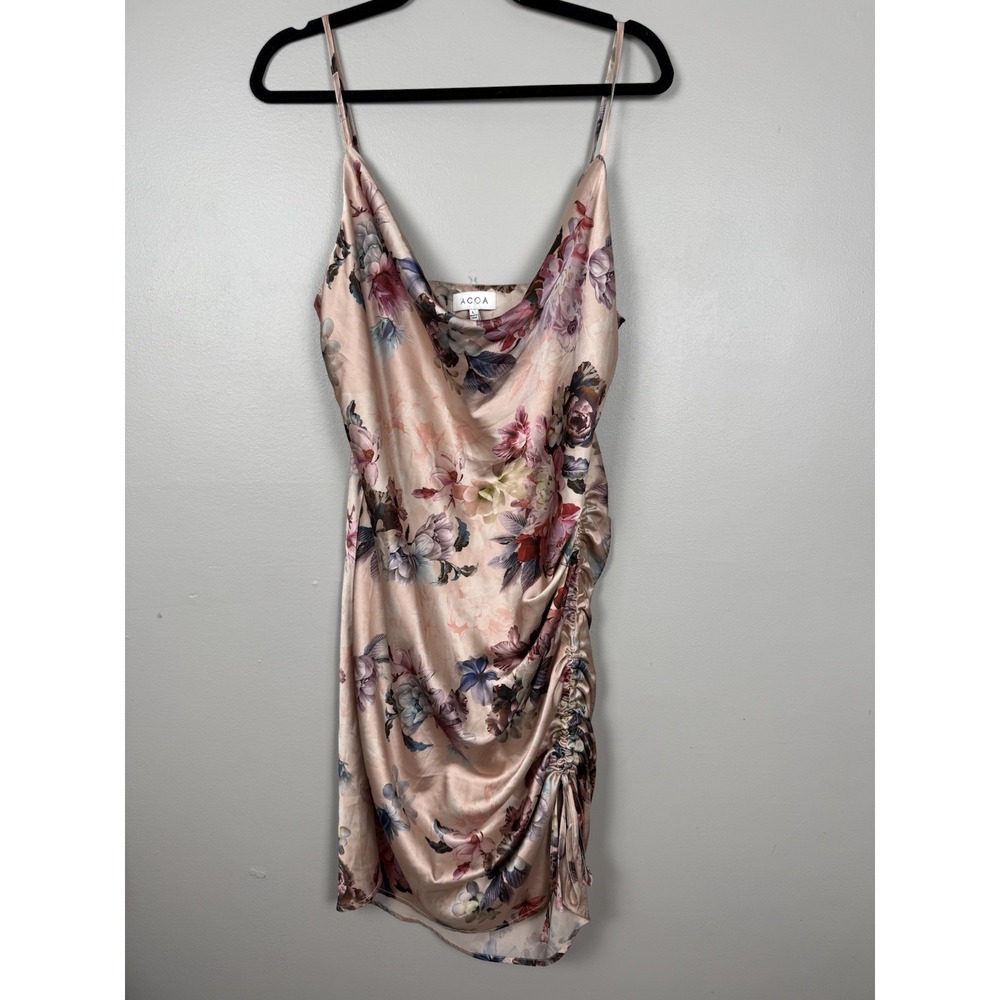 Acoa Dress Floral Satin Ruched Slip Dress Cow Neck Whimsical Romantic Y2k Style - Picture 2 of 11